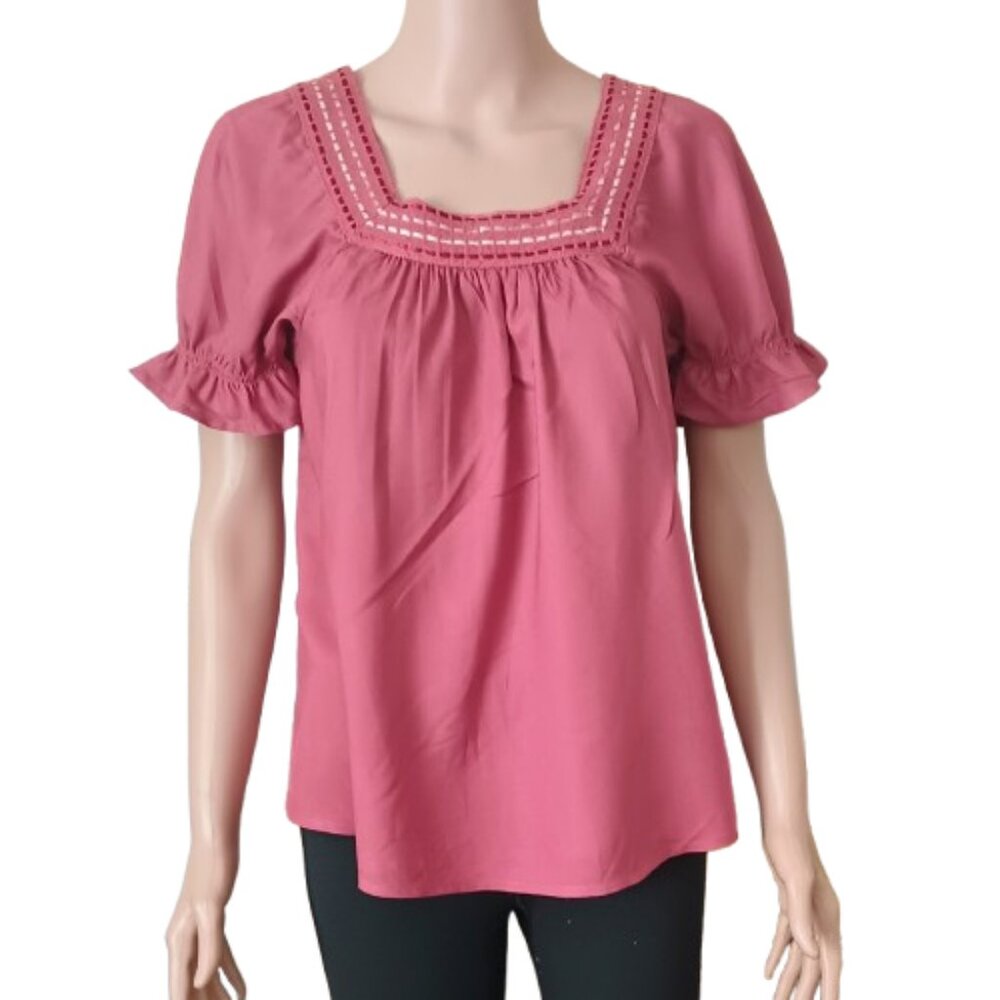Women's Pink Baby Doll Top PS Square Embroidered Neckline Short Puff Sleeves